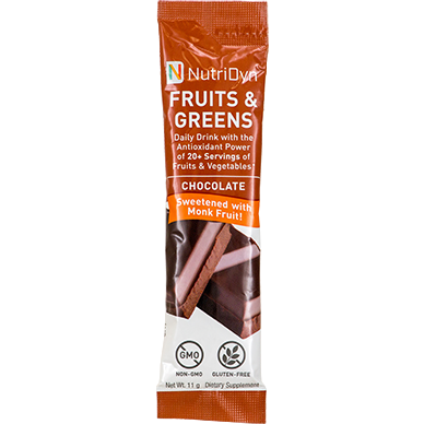 NutriDyn Fruits & Greens To-Go Chocolate with Monk Fruit single-serve stick packet