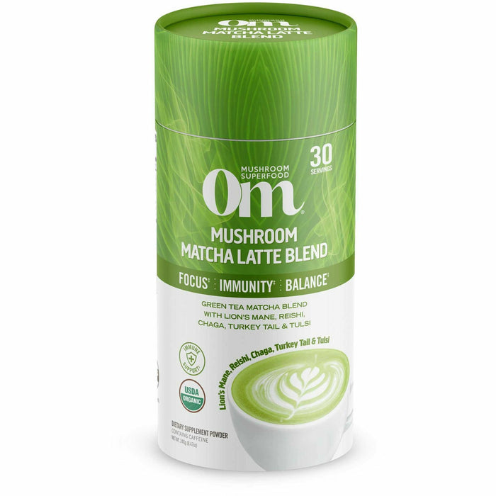 Om Mushroom Mushroom Matcha Latte Blend, 8.47 oz, front of canister