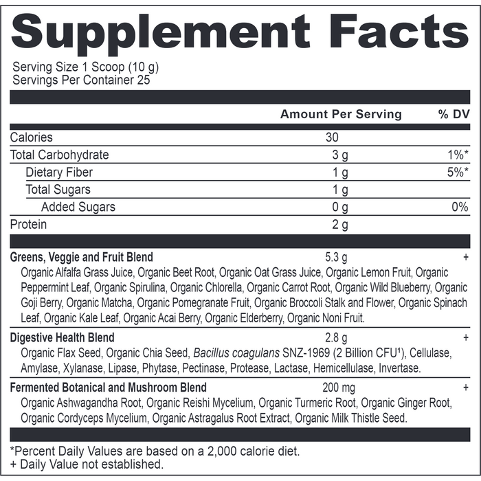 Ancient Nutrition, Organic SuperGreens Powder 25 Servings Watermelon Flavor Supplement Facts Label
