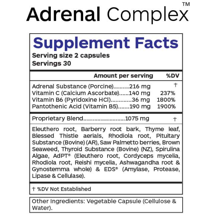 Professional Botanicals Adrenal Complex 60 veg capsules supplement facts label