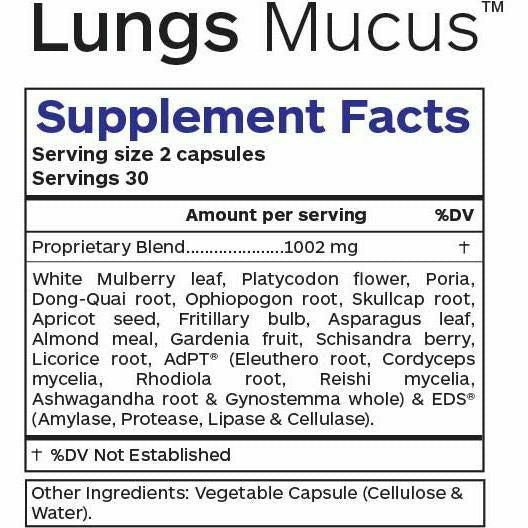 Professional Botanicals Lungs Mucus 60 capsules supplement facts label