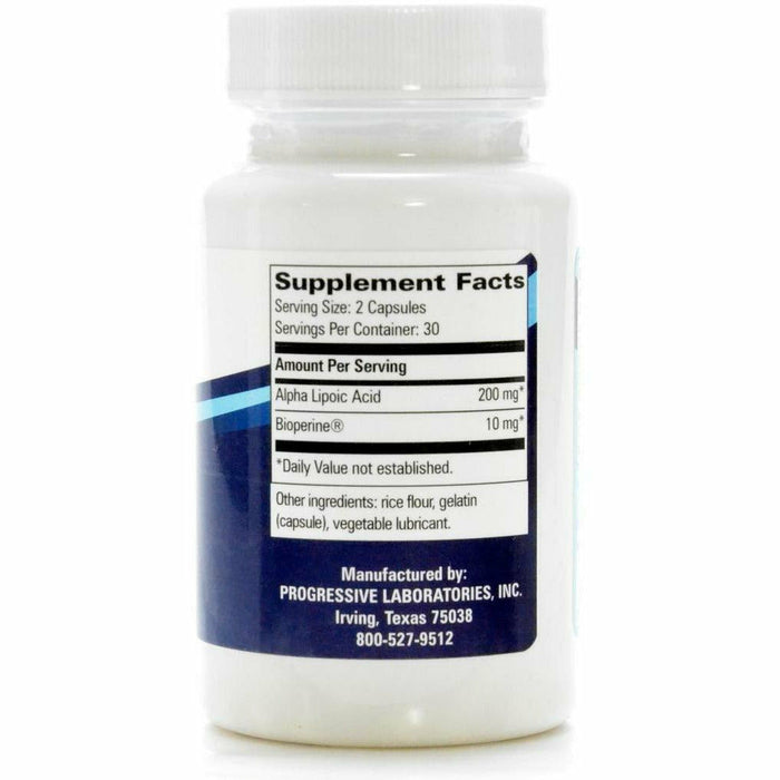 Progressive Labs Alpha Lipoic Acid 100 mg 60 capsules supplement facts label
