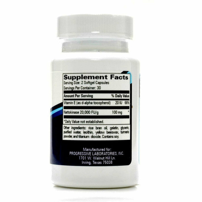 Progressive Labs Nattokinase with Vitamin E 60 softgels supplement facts label
