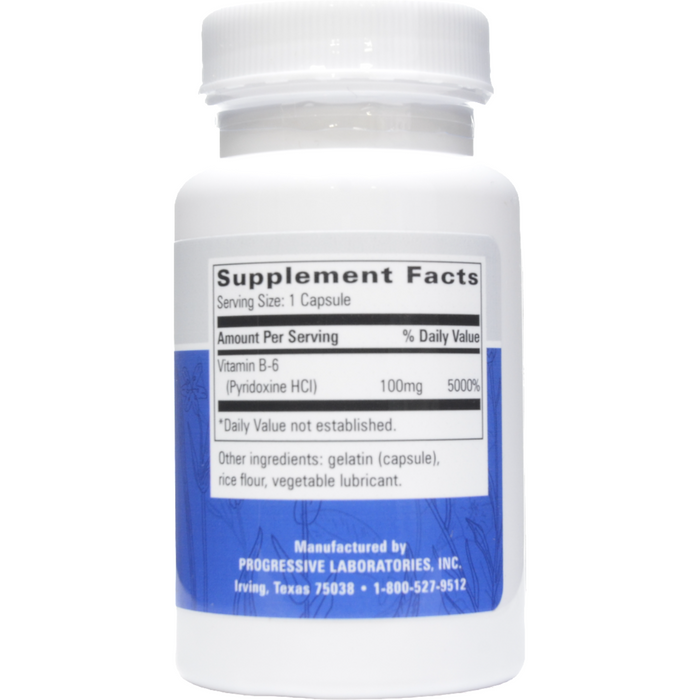 Progressive Labs Vitamin B6 100 mg 100 capsules supplement facts label