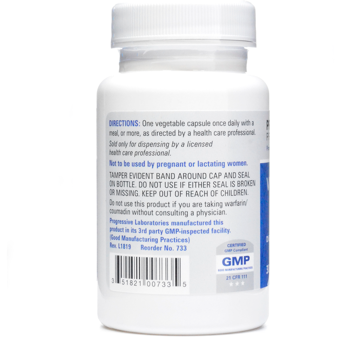 Progressive Labs Vitamin K2 100 mcg 30 vegetable capsules suggested use label