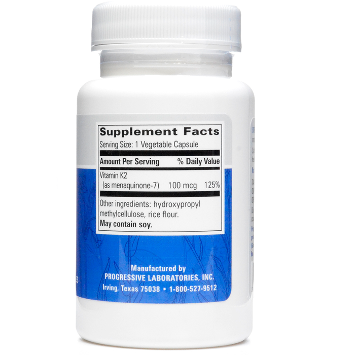 Progressive Labs Vitamin K2 100 mcg 30 vegetable capsules supplement facts label