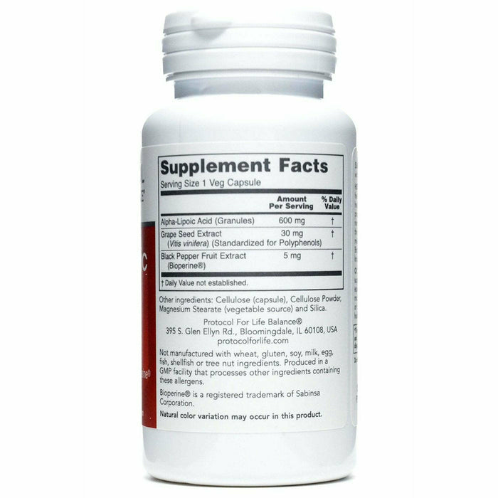 Protocol for Life Balance Alpha-Lipoic Acid 600 mg 60 capsules supplement facts label