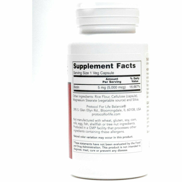 Protocol for Life Balance Biotin 5000 mcg 90 capsules supplement facts label