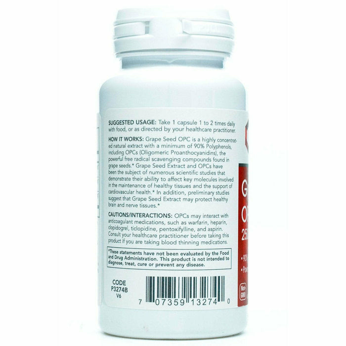 Protocol for Life Balance Grape Seed OPC 250 mg 90 capsules label information panel