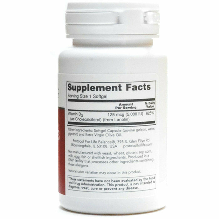 Protocol for Life Balance High Potency D3 5000 IU 120 softgels supplement facts label