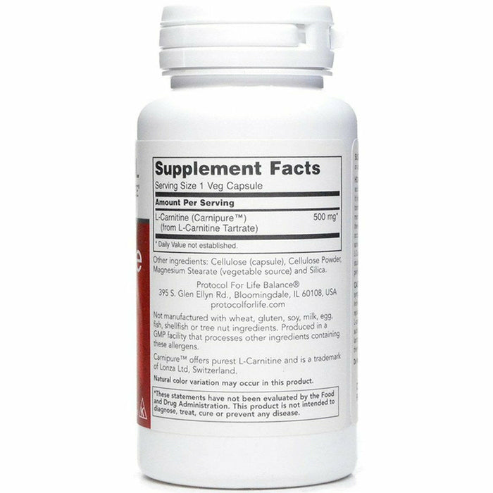 L-Carnitine 500 mg 60 capsules by Protocol For Life Balance Supplement Facts Label