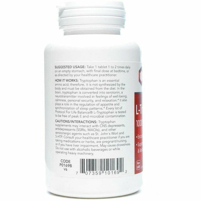 Product label image of L-Tryptophan 1000 mg 60 tablets by Protocol For Life Balance