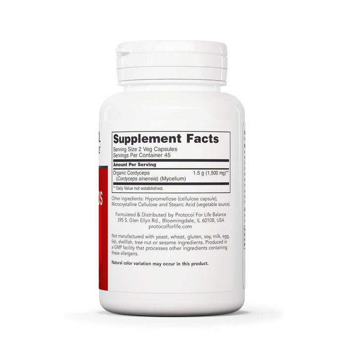 Organic Cordyceps 750 mg 90 capsules by Protocol for Life Balance, Supplement Facts label