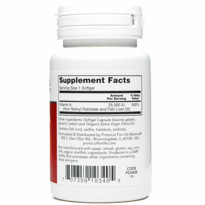 Vitamin A 25,000IU 100 softgels by Protocol For Life Balance Supplement Facts