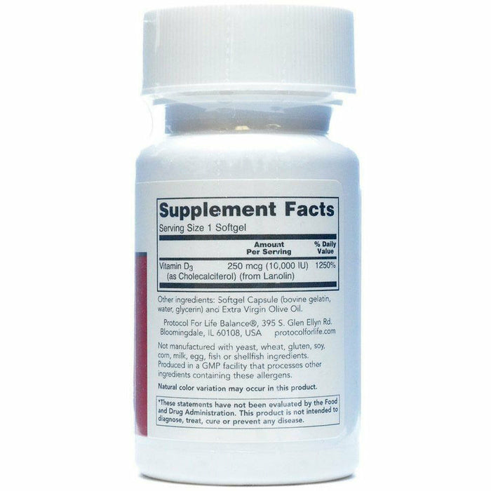 Protocol for Life Balance Vitamin D-3 10,000 IU 120 softgels supplement facts label