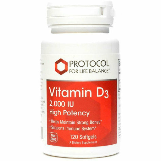 Protocol for Life Balance Vitamin D3 2000 IU, 120 softgels, front of bottle