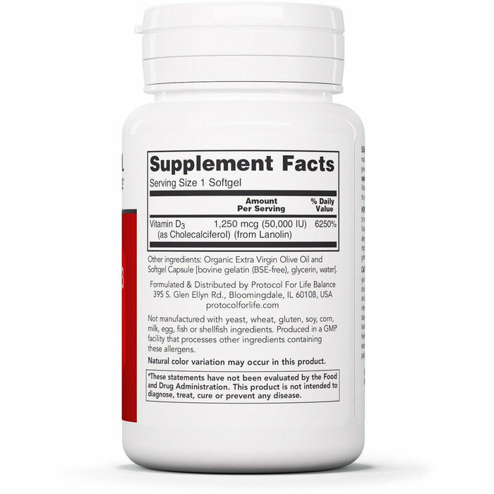 Protocol for Life Balance Vitamin D3 50,000 IU 50 softgels supplement facts label