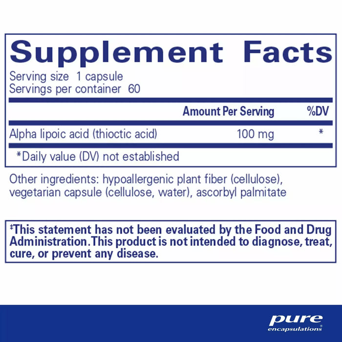 Pure Encapsulations Alpha Lipoic Acid 100 mg 60 capsules supplement facts label