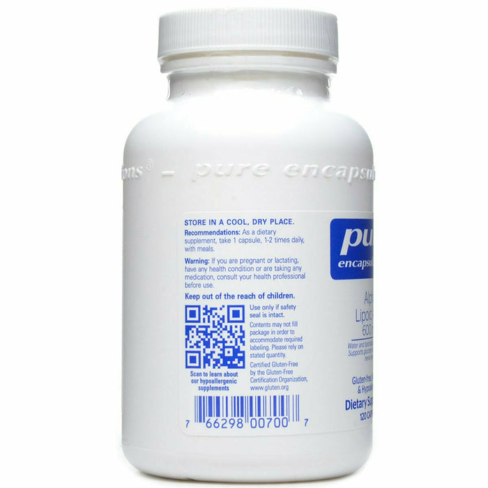 Pure Encapsulations Alpha Lipoic Acid 600 mg 120 capsules label information panel