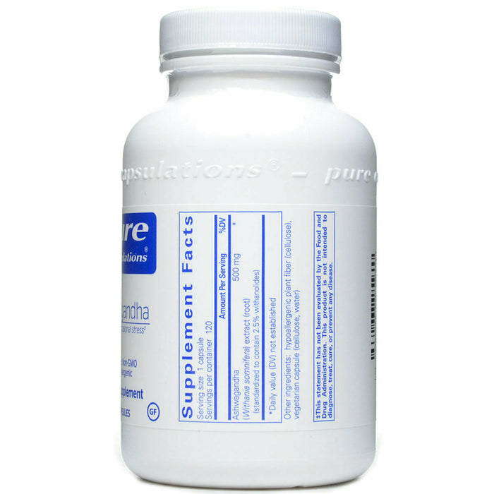 Pure Encapsulations Ashwagandha 500 mg 120 capsules supplement facts label