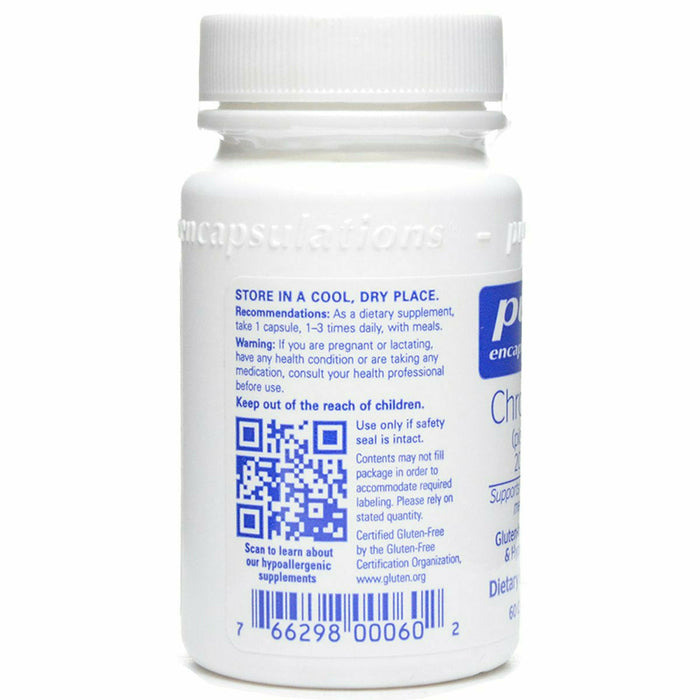 A label of Pure Encapsulations Chromium (picolinate) 200 mcg dietary supplement containing 60 capsules.