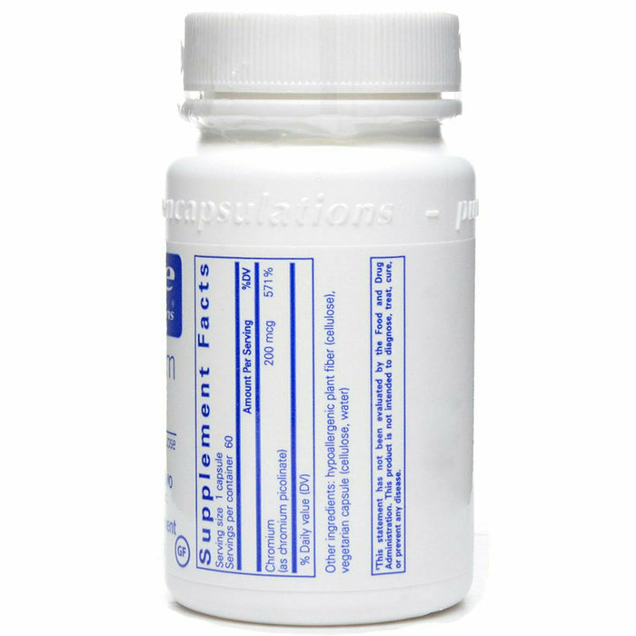 A label of Pure Encapsulations Chromium (picolinate) 200 mcg dietary supplement containing 60 capsules.