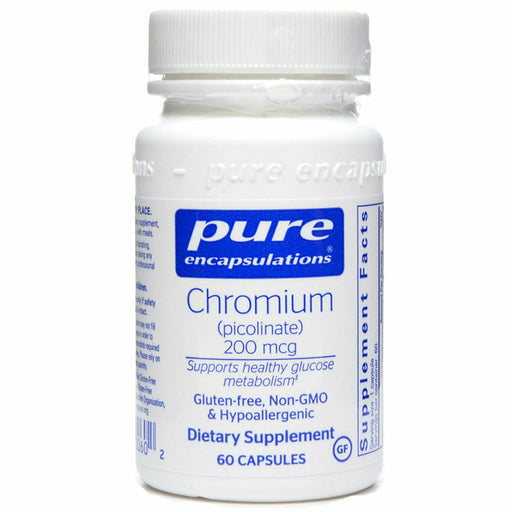 A bottle of Pure Encapsulations Chromium (picolinate) 200 mcg dietary supplement containing 60 capsules.