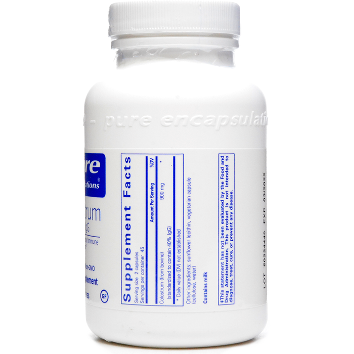 Pure Encapsulations Colostrum 40% IgG 450 mg 90 capsules supplement facts label
