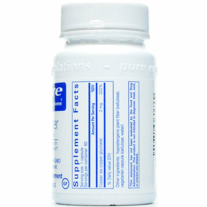 Pure Encapsulations Copper (glycinate) 2 mg 60 capsules supplement facts label