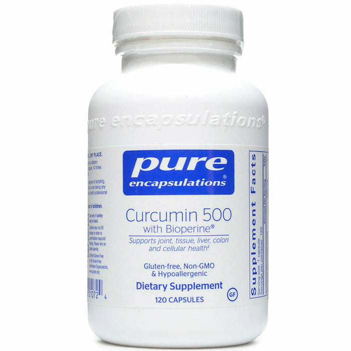 Pure Encapsulations Curcumin 500 with Bioperine, 120 capsules, front of bottle