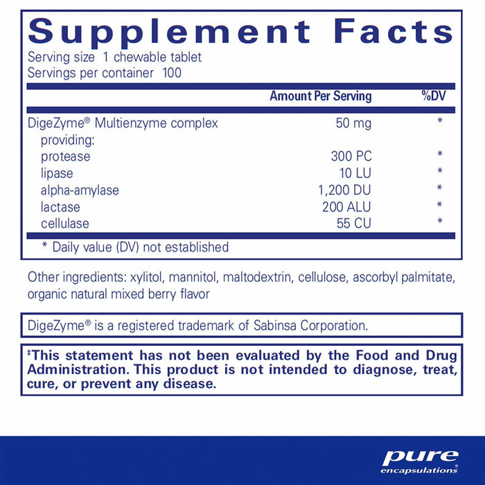 Pure Encapsulations Digestive Enzyme Chewables 100 tablets supplement facts label