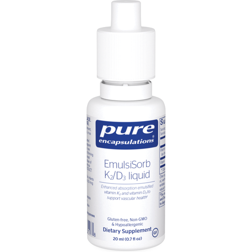 Pure Encapsulations EmulsiSorb K2 D3 liquid, 20 mL, front of dropper bottle