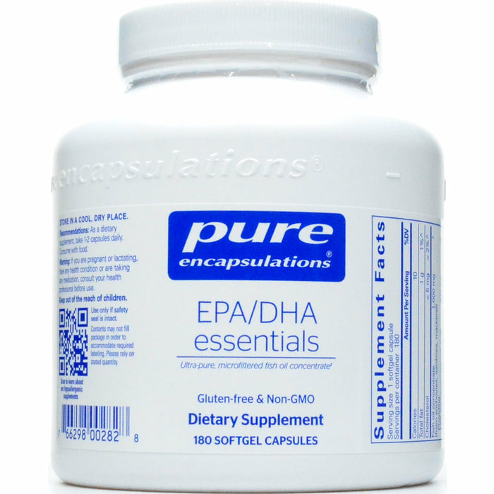A bottle of Pure Encapsulations EPA/DHA Essentials dietary supplement with 1000 mg of fish oil, containing 180 softgel capsules.