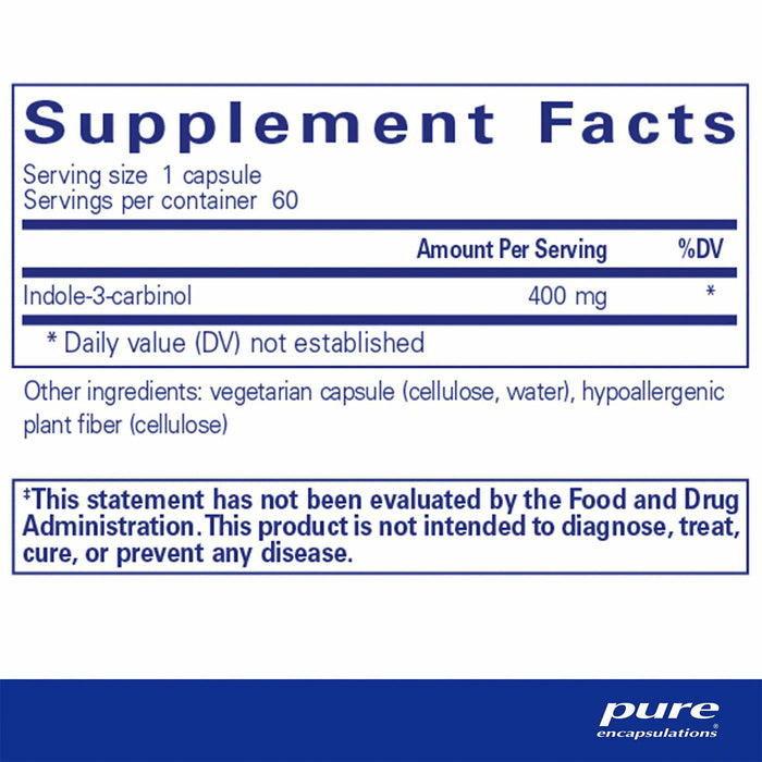 Pure Encapsulations Indole-3-Carbinol 400 mg 60 capsules supplement facts label