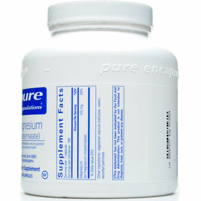 Pure Encapsulations Magnesium (citrate/malate) 120 mg 180 capsules supplement facts label