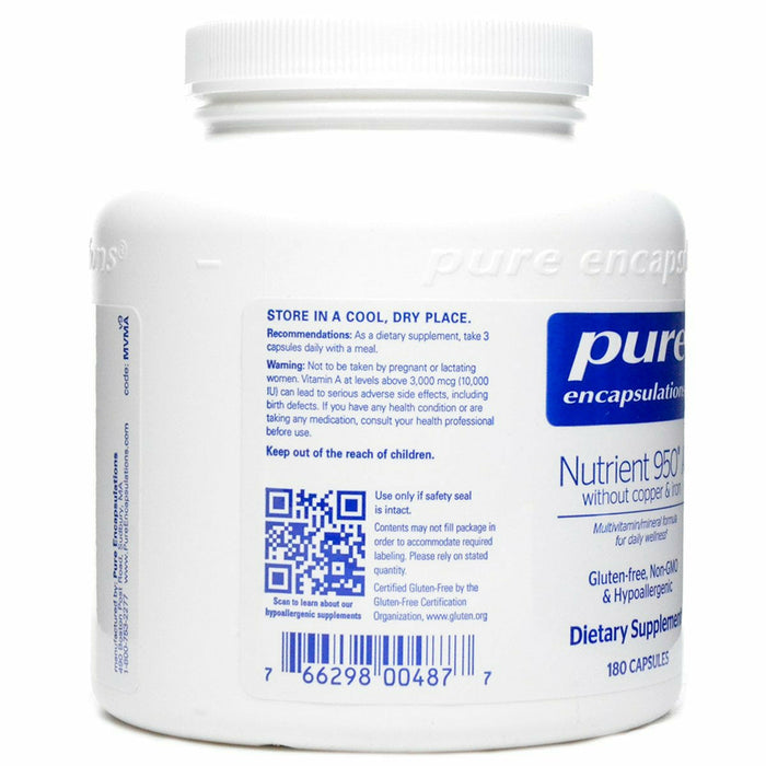 Pure Encapsulations Nutrient 950A without Copper & Iron 180 capsules label information panel