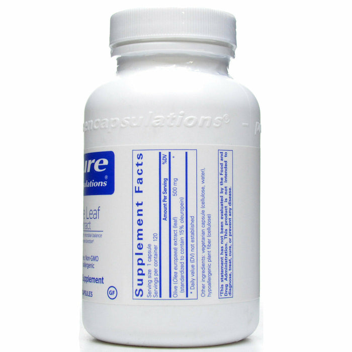 Pure Encapsulations Olive Leaf Extract 500 mg 120 capsules supplement facts label
