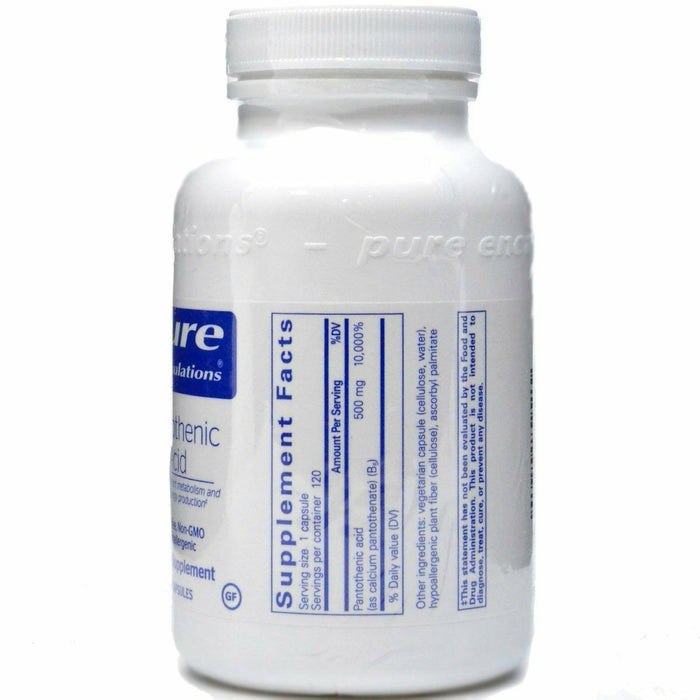 Pure Encapsulations Pantothenic Acid 500 mg 120 capsules supplement facts label