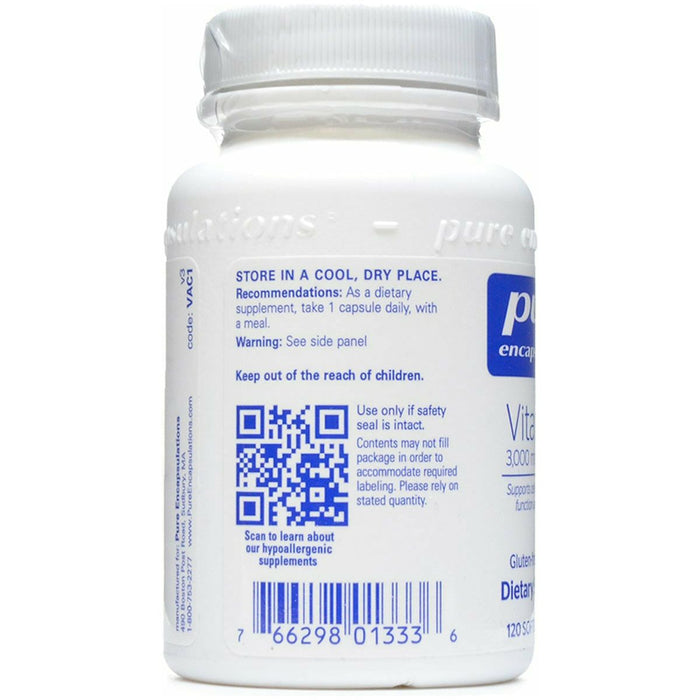 Pure Encapsulations Vitamin A 10,000 IU 120 softgels label information panel