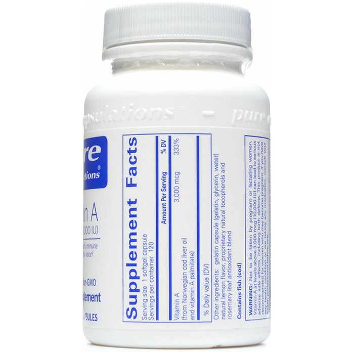 Pure Encapsulations Vitamin A 10,000 IU 120 softgels supplement facts label
