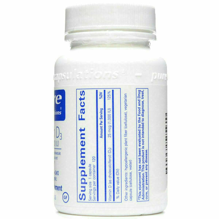 Pure Encapsulations Vitamin D3 1000 IU 120 capsules supplement facts label