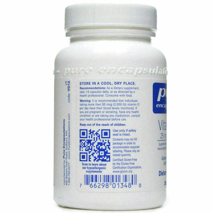 Pure Encapsulations Vitamin D3 1000 IU 250 capsules label information panel