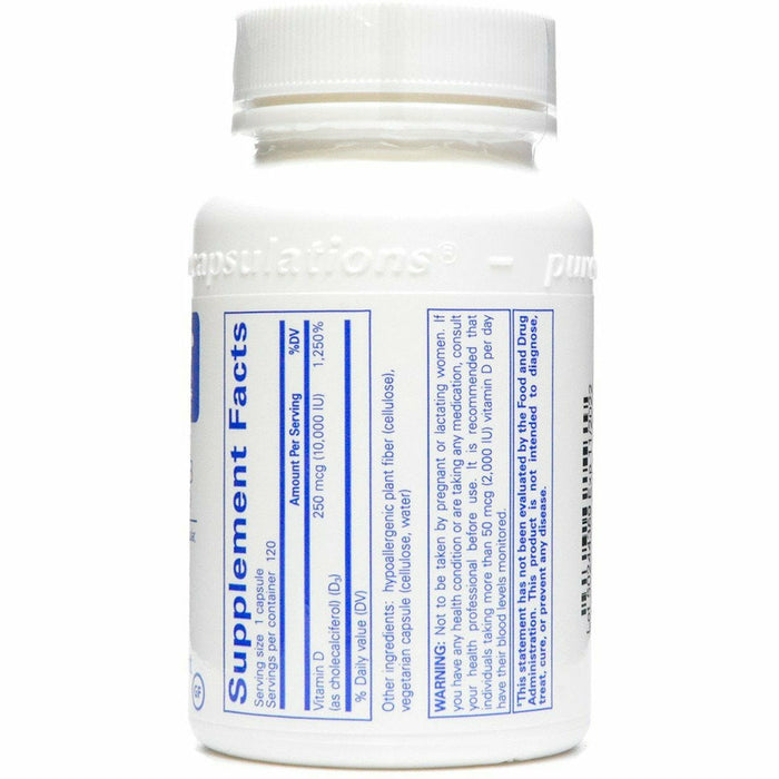 Pure Encapsulations Vitamin D3 10,000 IU 120 capsules supplement facts label