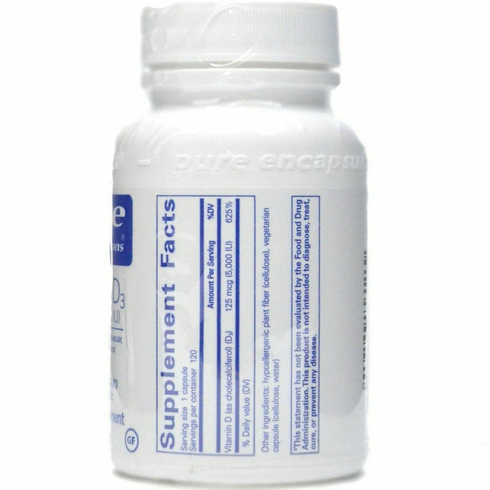 Pure Encapsulations Vitamin D3 5000 IU 120 capsules supplement facts label