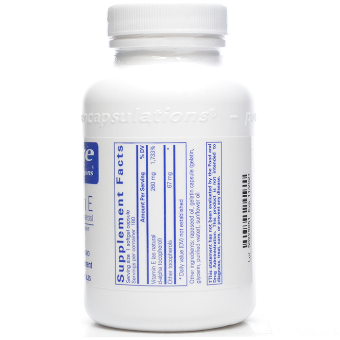 Pure Encapsulations Vitamin E (Natural) 400 IU 180 softgels supplement facts label