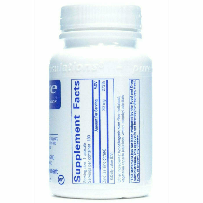 Pure Encapsulations Zinc (citrate) 30 mg 180 capsules supplement facts label
