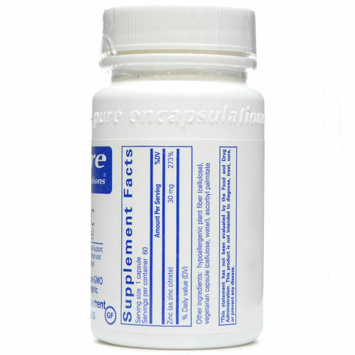 Pure Encapsulations Zinc (citrate) 30 mg 60 capsules supplement facts label