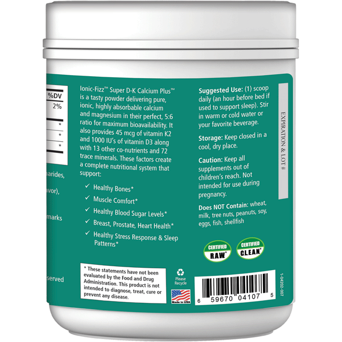 Pure Essence Ionic-Fizz Super D-K Calcium Plus Orange Vanilla 14.82 oz label information panel