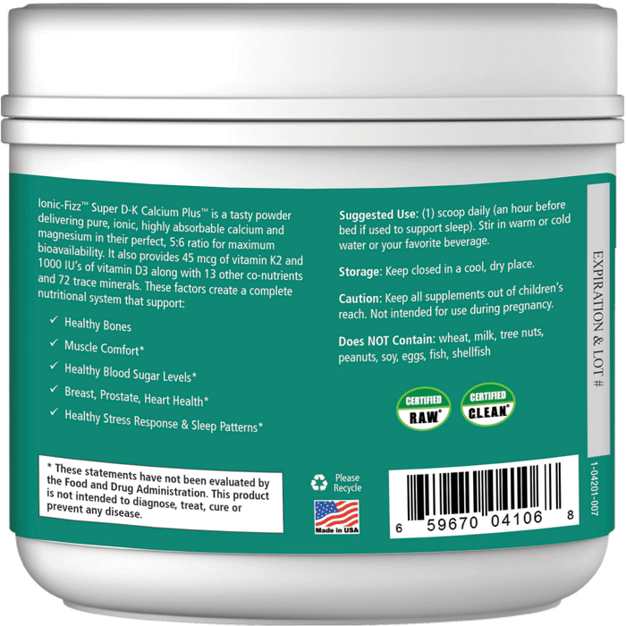 Ionic-Fizz Super D-K Calcium Plus Orange Vanilla 7.41 oz by Pure Essence, back label