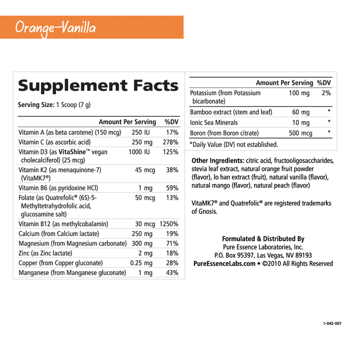 Pure Essence Ionic-Fizz Super D-K Calcium Plus Orange Vanilla supplement facts label